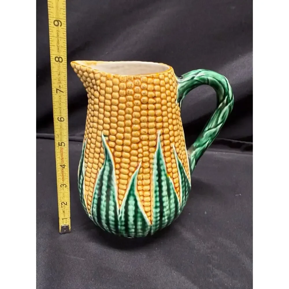 Vintage corn & husk pitcher ceramic majolica style portugal 8 inch yellow green